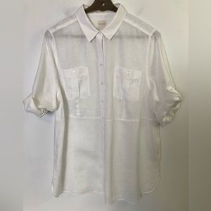 Chico’s 100% Linen Women’s White Buttn Dwn Blouse Shirt 3/4 Sleeve, Chico’s Sz 3